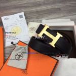 Perfect Replica Clemence Black Leather Belt With Brand Pattern Gold Buckle